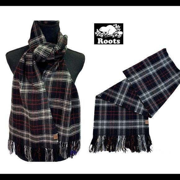 Roots Black red gray white striped plaid check unisex fall winter warm scarf 💥 - Picture 1 of 9